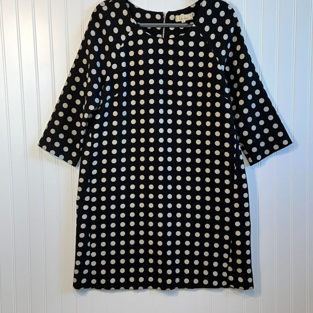 Lili Rose Black Polkadot Shift Dress 3/4 Sleeve Size 8
